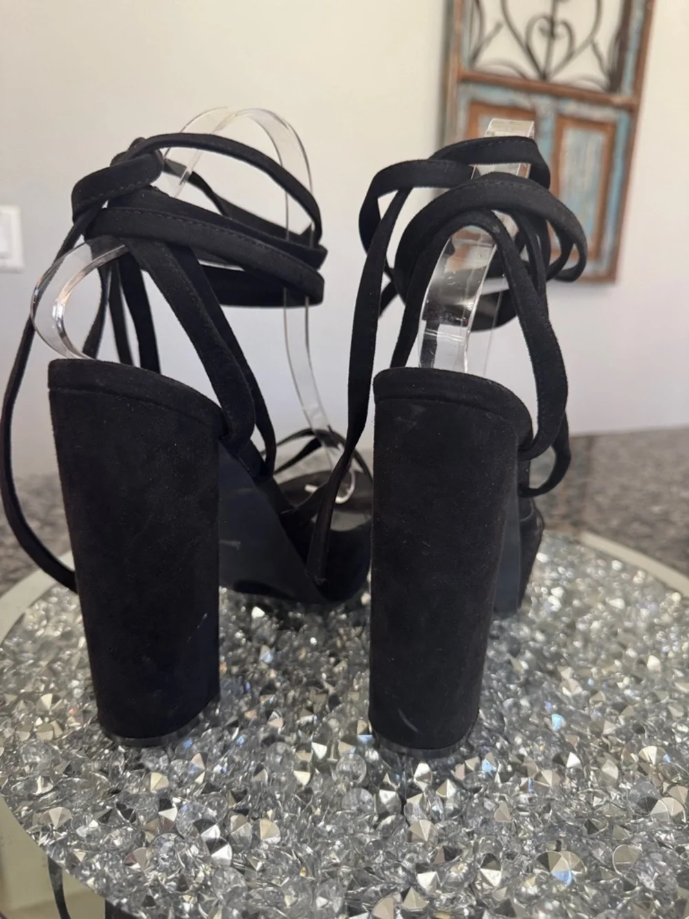 Fashion Nova Black Strappy Lace around ankle Platform Heels
